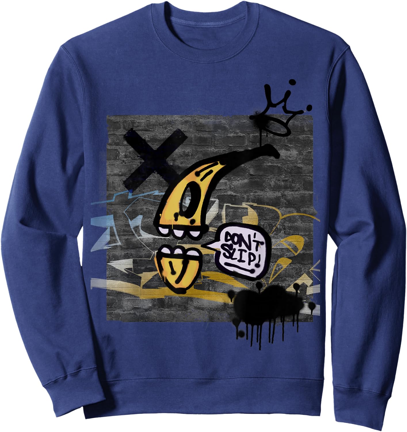 Graffiti on Wall Do Not Slip Talking Banana Graphic Sweatshirt - Sweatshirt | Navy