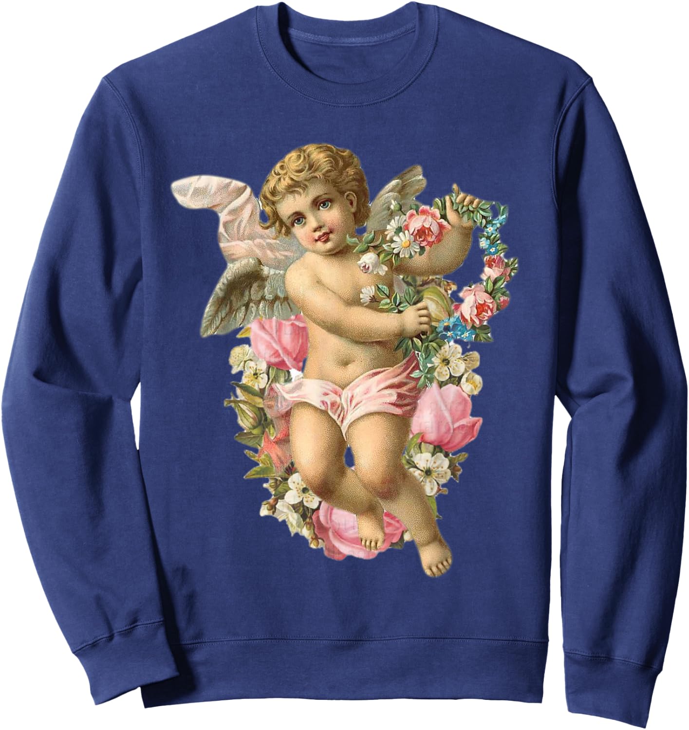 Angelic Vintage Cherub with Daisies & Pink roses Sweatshirt - Sweatshirt | Navy