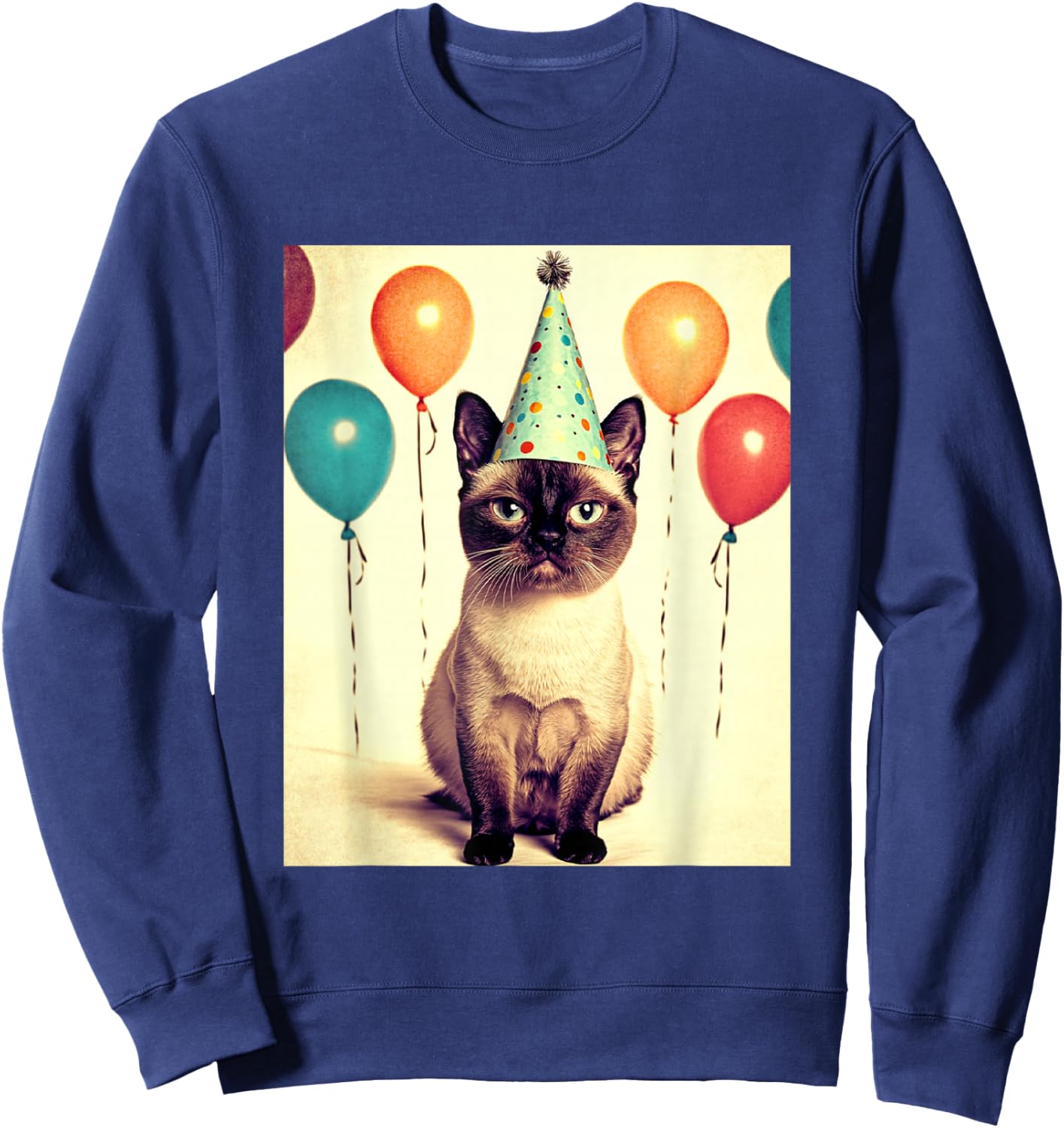 Siamese Cat Retro Art Print Birthday Party Balloons & Hat Sweatshirt - Sweatshirt | Navy