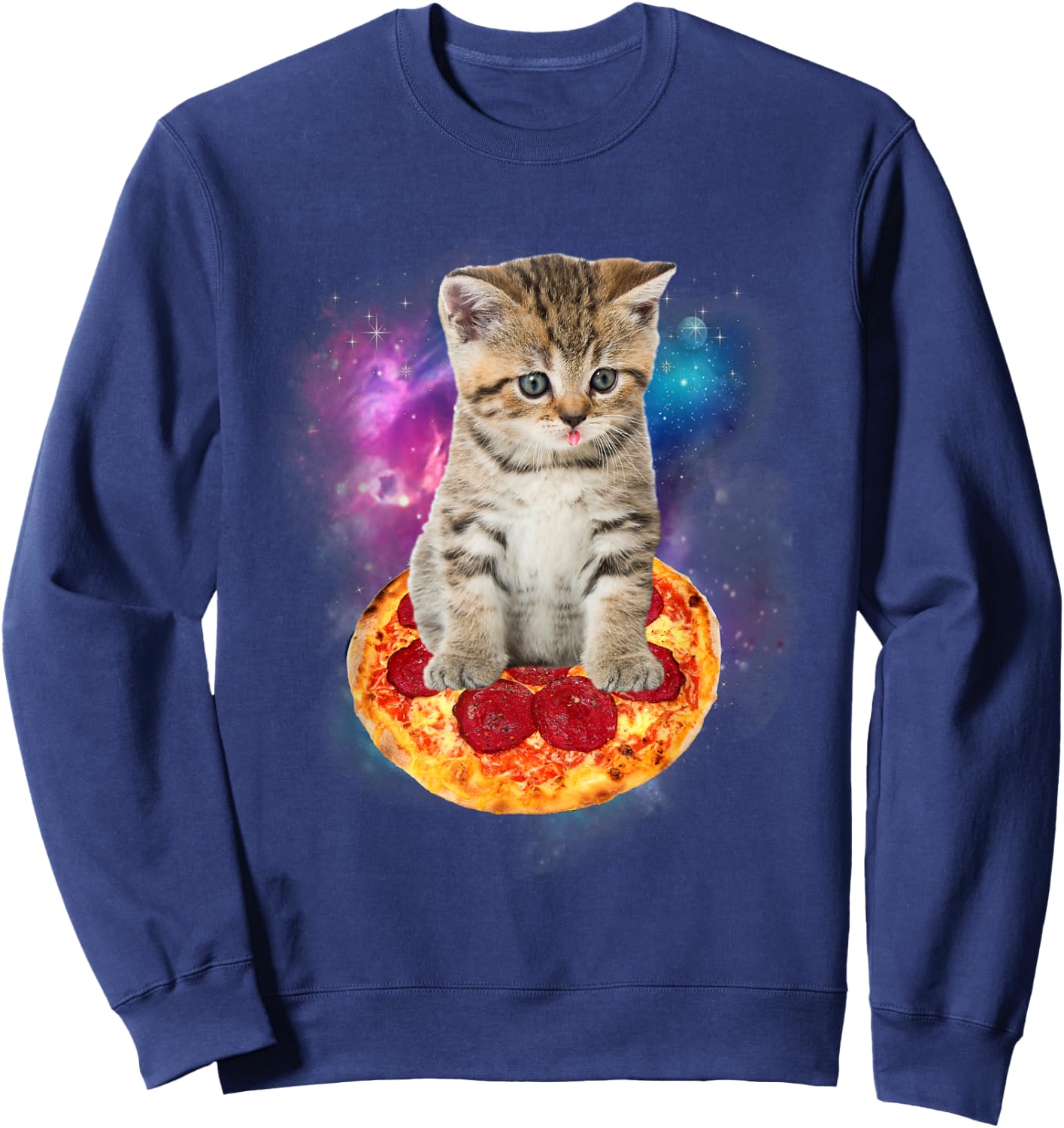 Funny Galaxy Cat Shirt | Space Cat Eat Pizza and Taco Shirt Men Women Kids Sweatshirt - Sweatshirt | Navy
