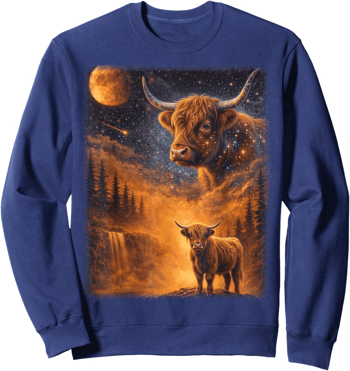 Highland Cow Howling to The Moon Funny Meme 90s Animal Lover Sweatshirt - Sweatshirt | Navy