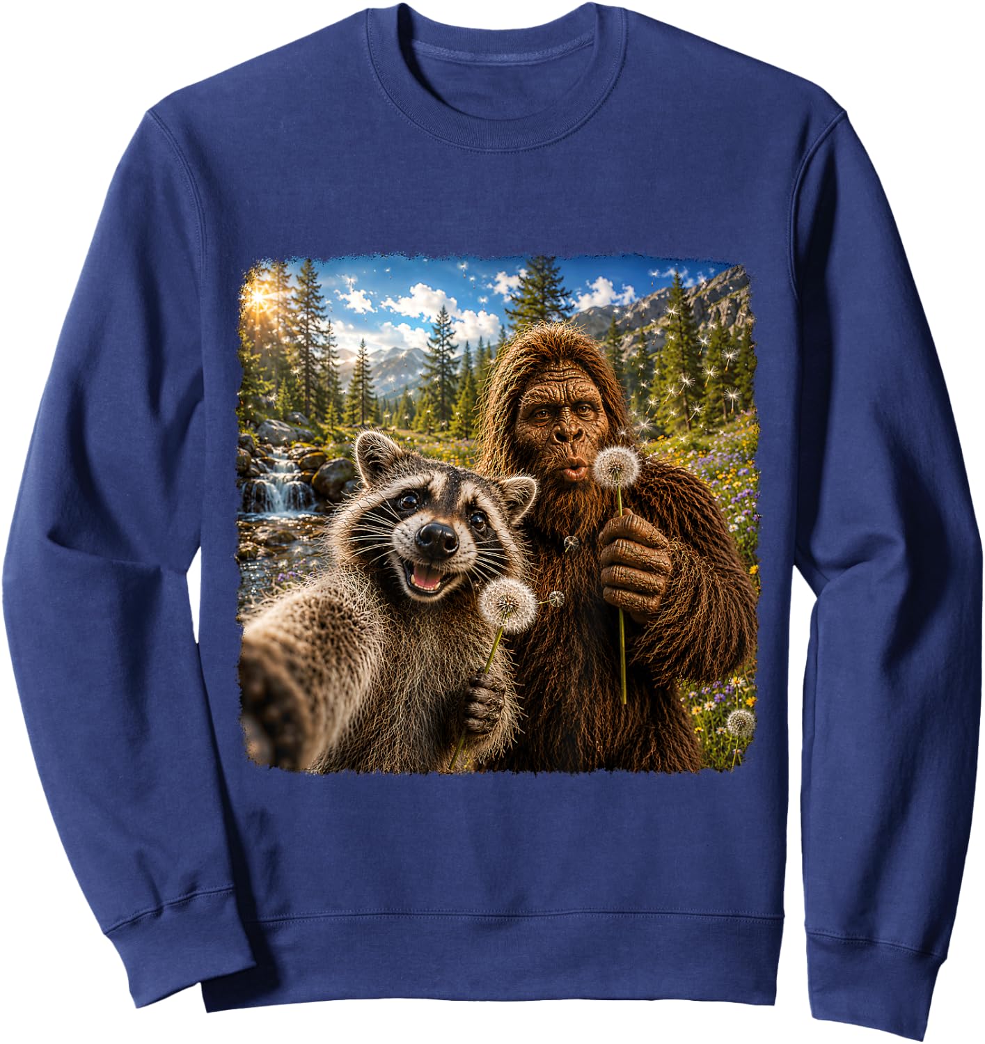 Funny Sasquatch Raccoon Dandelion Nature Lover Graphic Sweatshirt - Sweatshirt | Navy