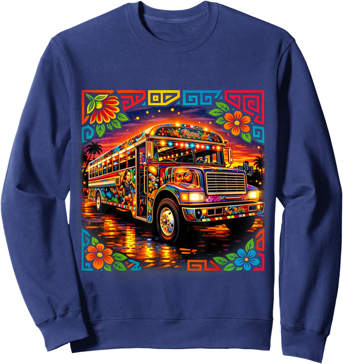Diablo Rojo Bus Inspired by Mola Art Panama Cultural Design Sweatshirt - Sweatshirt | Navy