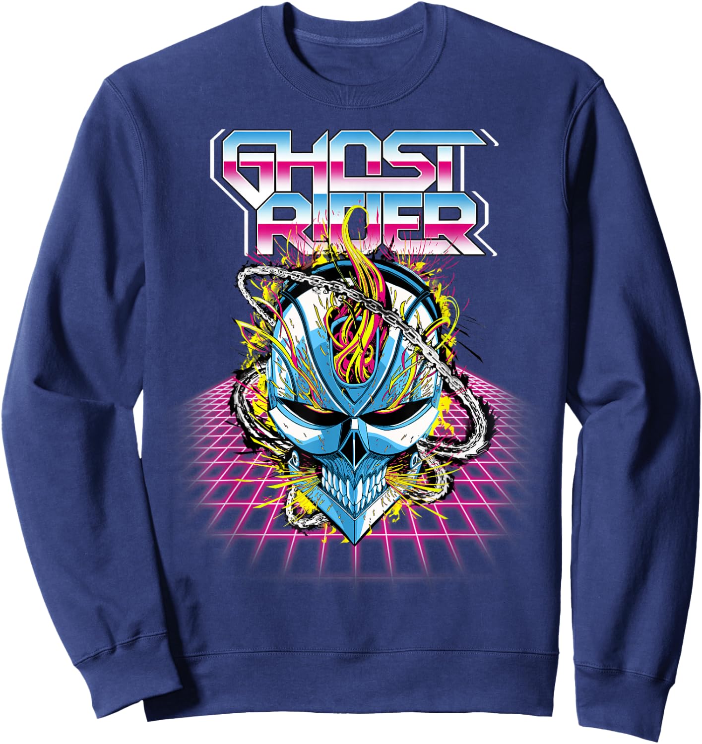 Marvel Ghost Rider Super 80s Retro Neon Grid Graphic Sweatshirt - Sweatshirt | Navy