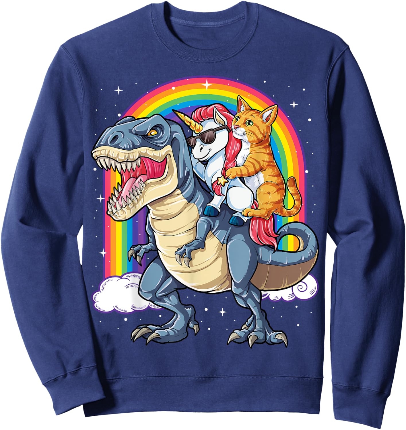 Cat Unicorn Riding Dinosaur T rex Kitten Lover Space Galaxy Women Kids Sweatshirt - Sweatshirt | Navy