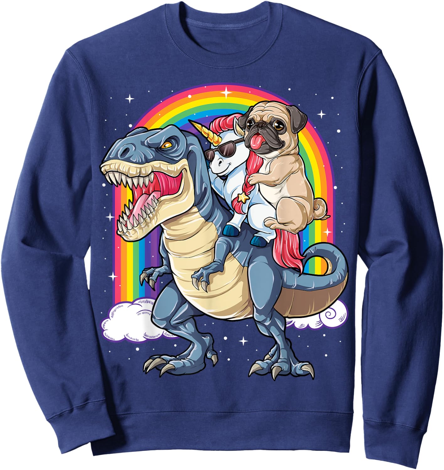 Pug Unicorn Dinosaur T rex T shirt Kids Girls Women Rainbow Sweatshirt - Sweatshirt | Navy
