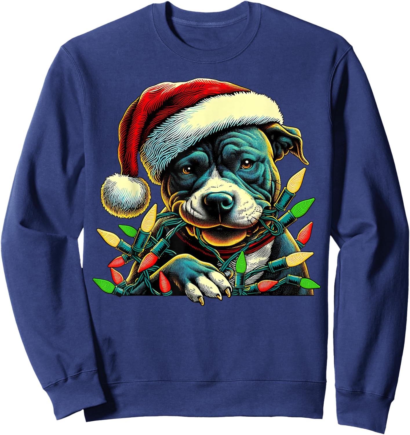 Pit Bull Chew Christmas Light Pitbull Xmas Funny Holiday Sweatshirt - Sweatshirt | Navy