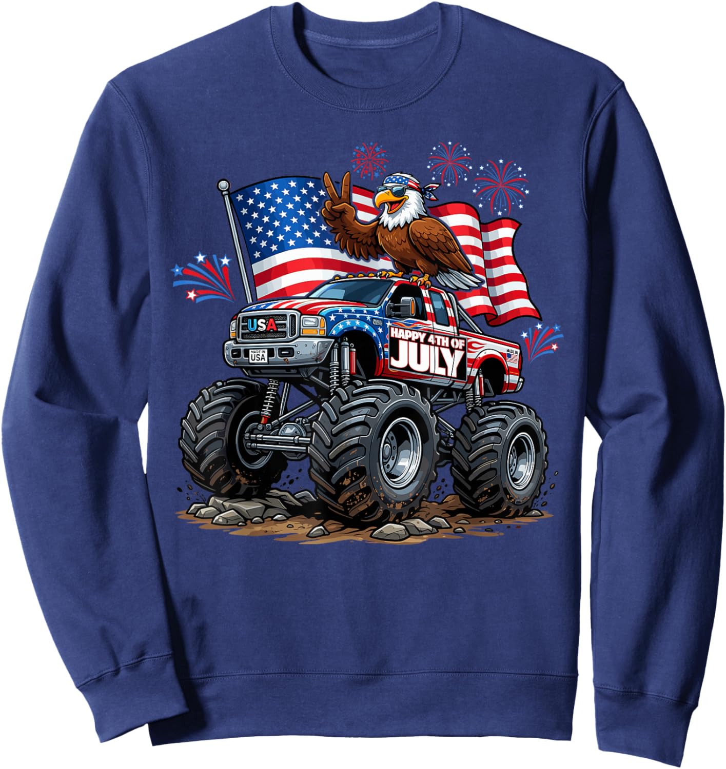 Monster Truck Bald Eagle USA Patriotic Shirt 4th of July Sweatshirt - Sweatshirt | Navy