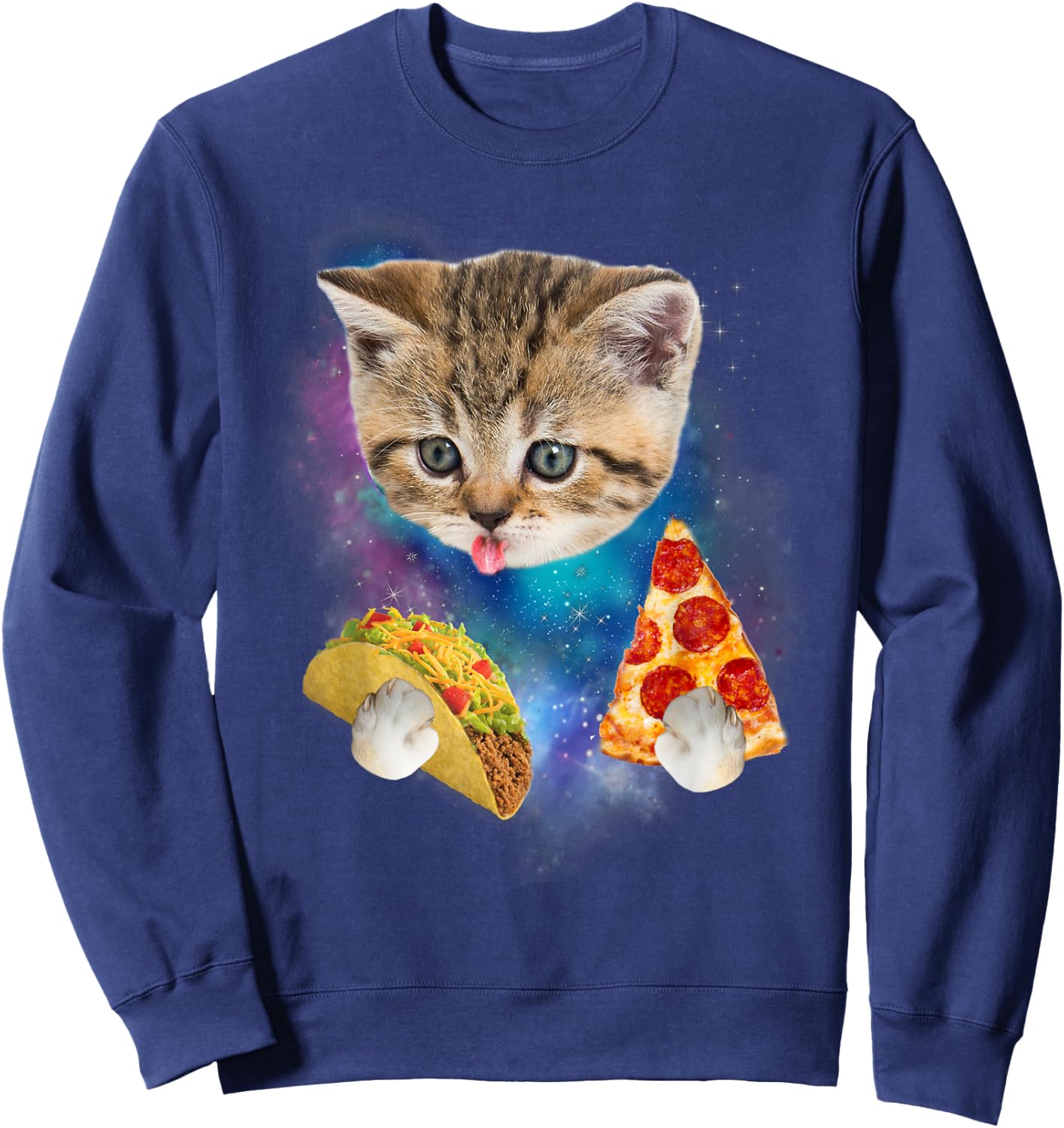 Funny Galaxy Taco Cat | Space Cat Eat Pizza and Taco Sweatshirt - Sweatshirt | Navy