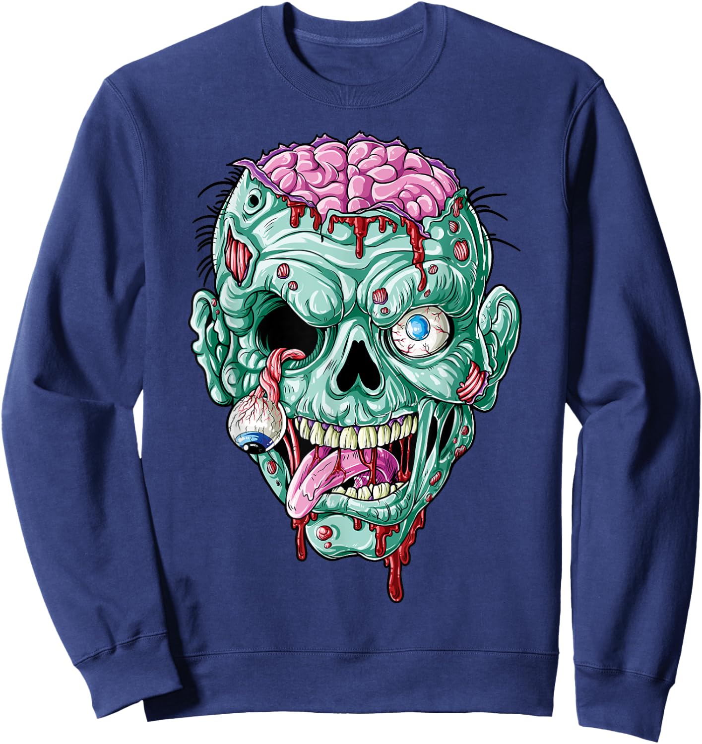 Zombie Face Brain Halloween Boys Men Women Girls Scary Funny Sweatshirt - Sweatshirt | Navy