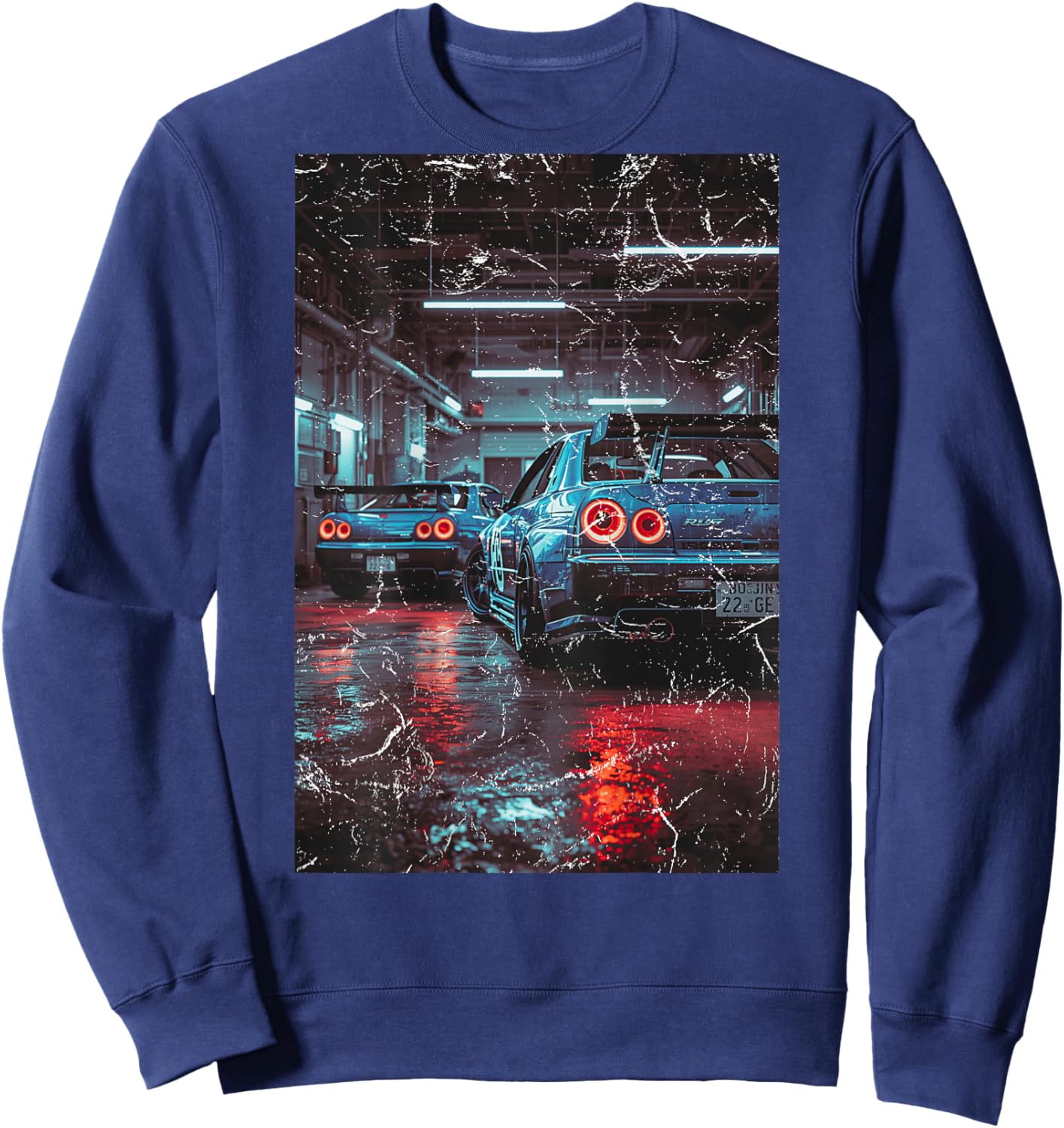 Distress Vintage JDM Race Drift Cars in The Garage (On Back) Sweatshirt - Sweatshirt | Navy