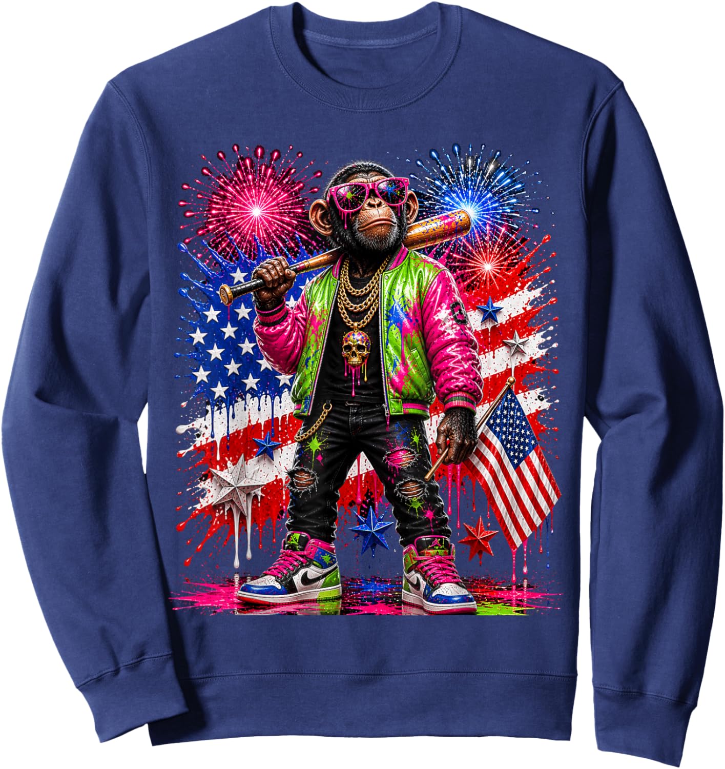 Monkey Baseball Drip Funny 4th of July Animal Graphic USA Sweatshirt - Sweatshirt | Navy