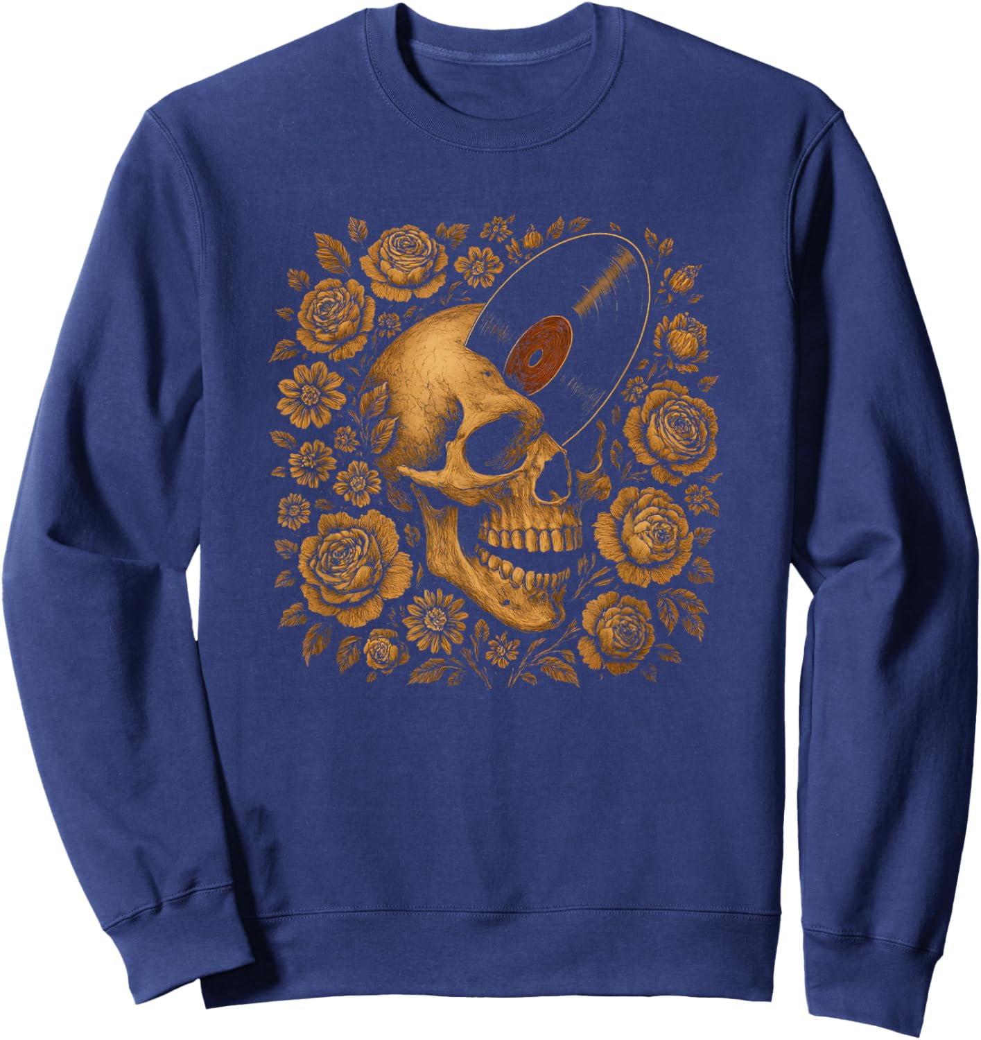 Skull with Vinyl Record – Rococo Baroque Floral Gothic Music Sweatshirt - Sweatshirt | Navy