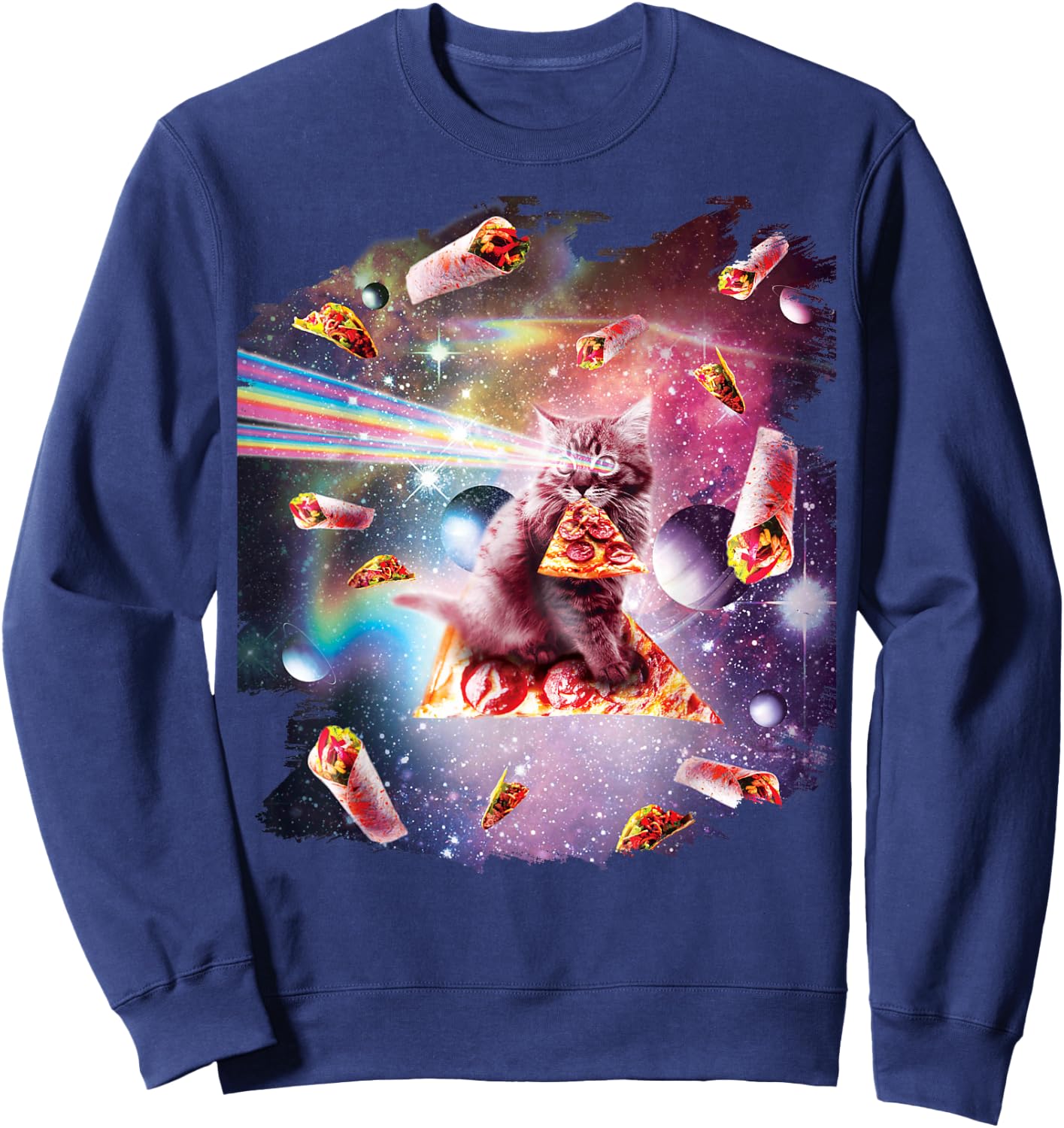 Outer Space Pizza Cat - Rainbow Laser, Taco, Burrito Sweatshirt - Sweatshirt | Navy