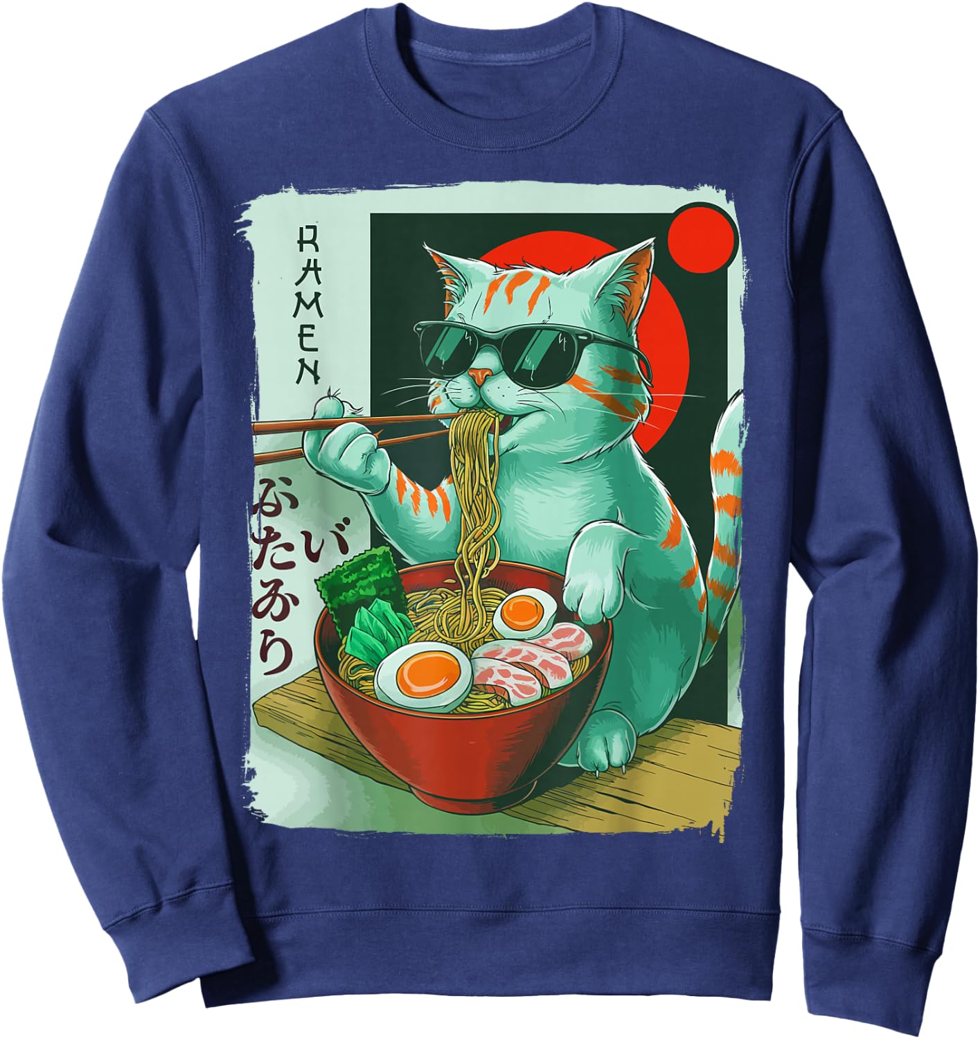 Funny Cat Eating Ramen Graphic Japanese Kawaii Otaku Anime Sweatshirt - Sweatshirt | Navy