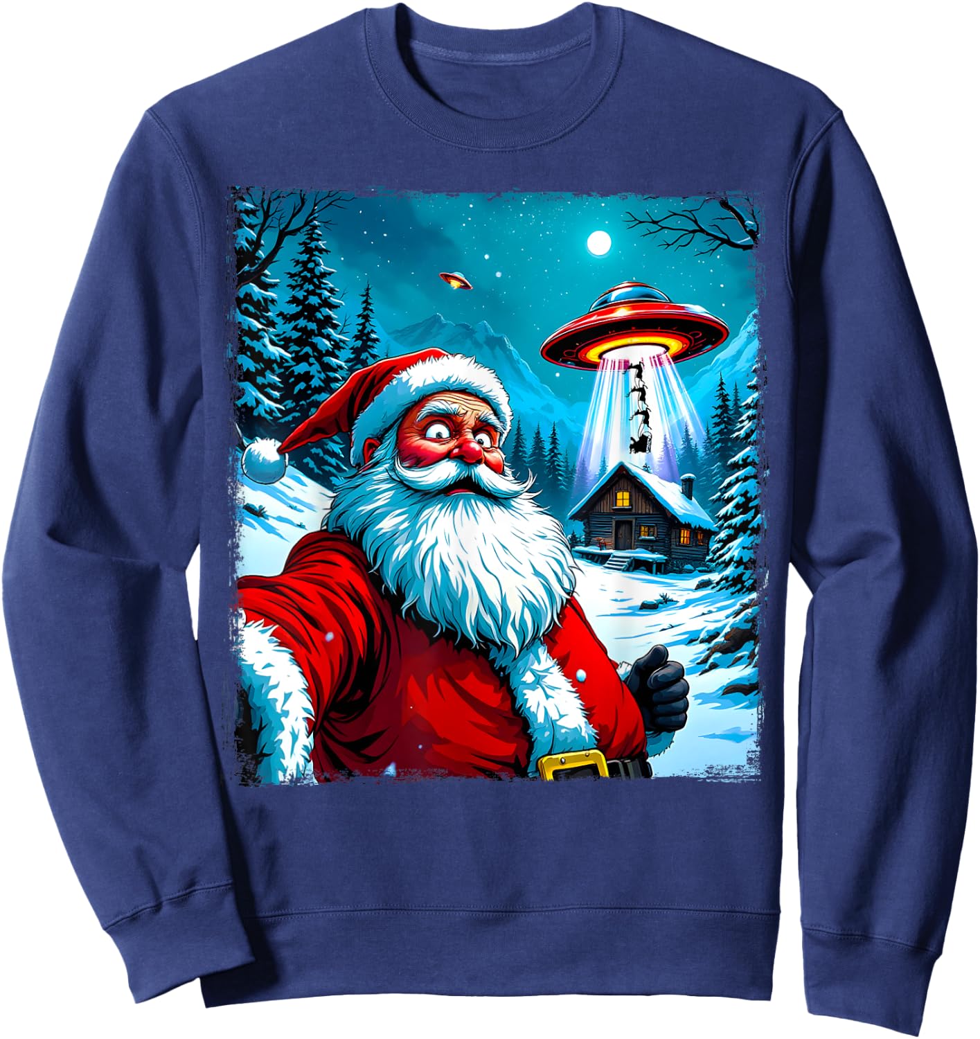 Santa Claus Alien Abduction Christmas UFO Encounter Cartoon Sweatshirt - Sweatshirt | Navy