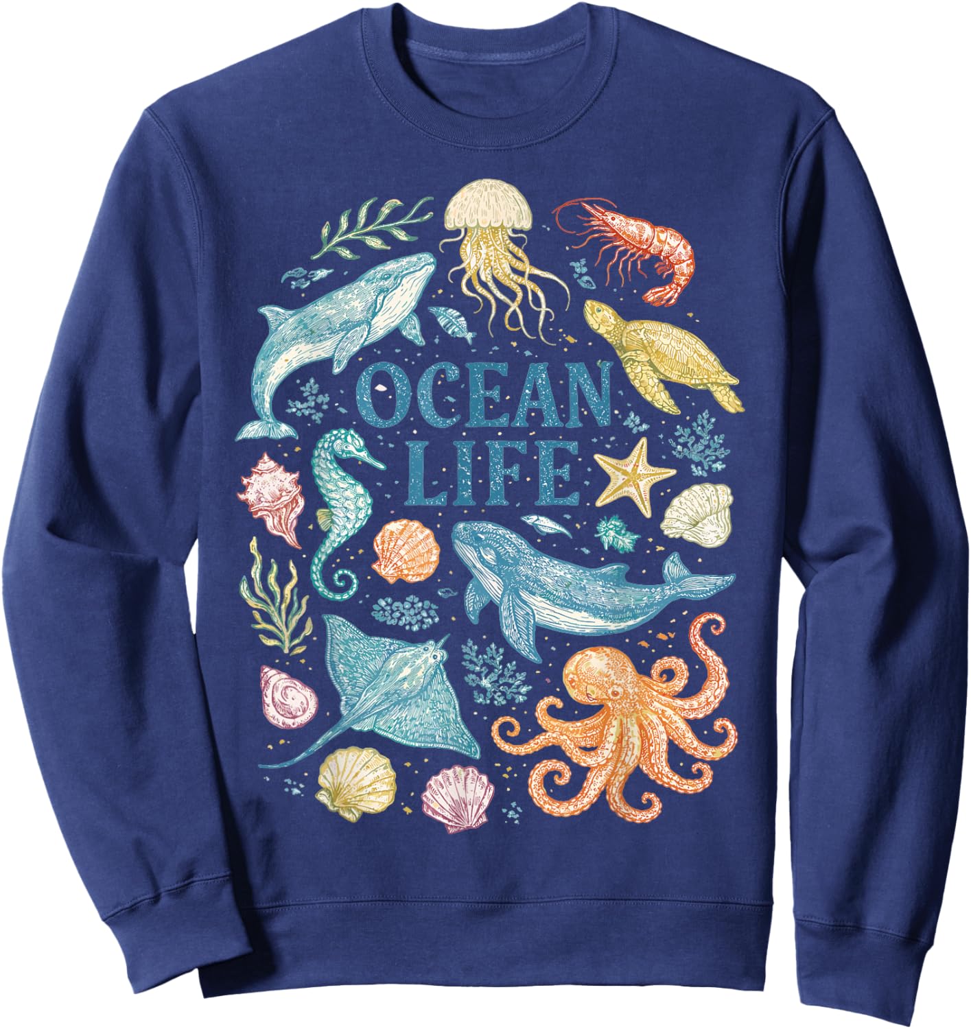 Vintage Marine Animals Sea Creature Art, an Ocean Life Sweatshirt - Sweatshirt | Navy