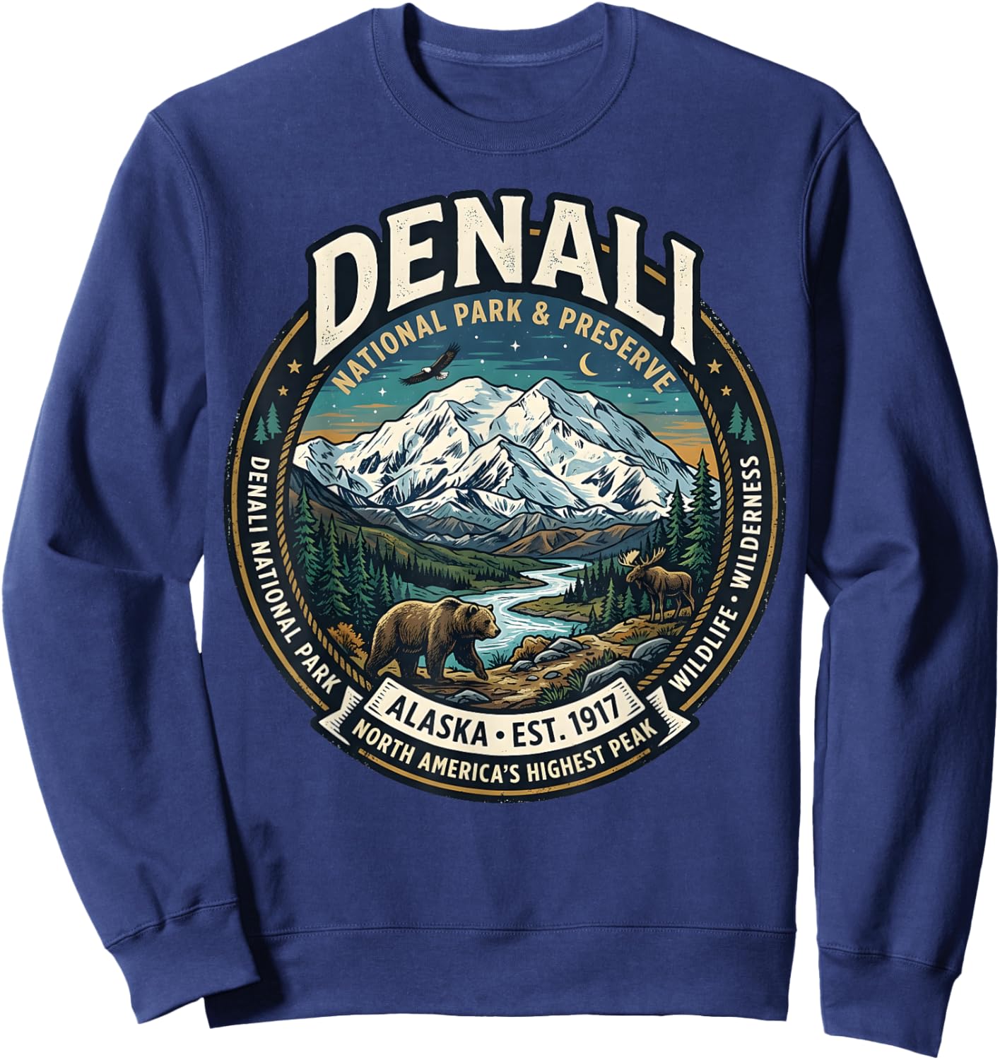 Denali National Park Alaska Mountain Wildlife Vintage Badge Sweatshirt - Sweatshirt | Navy