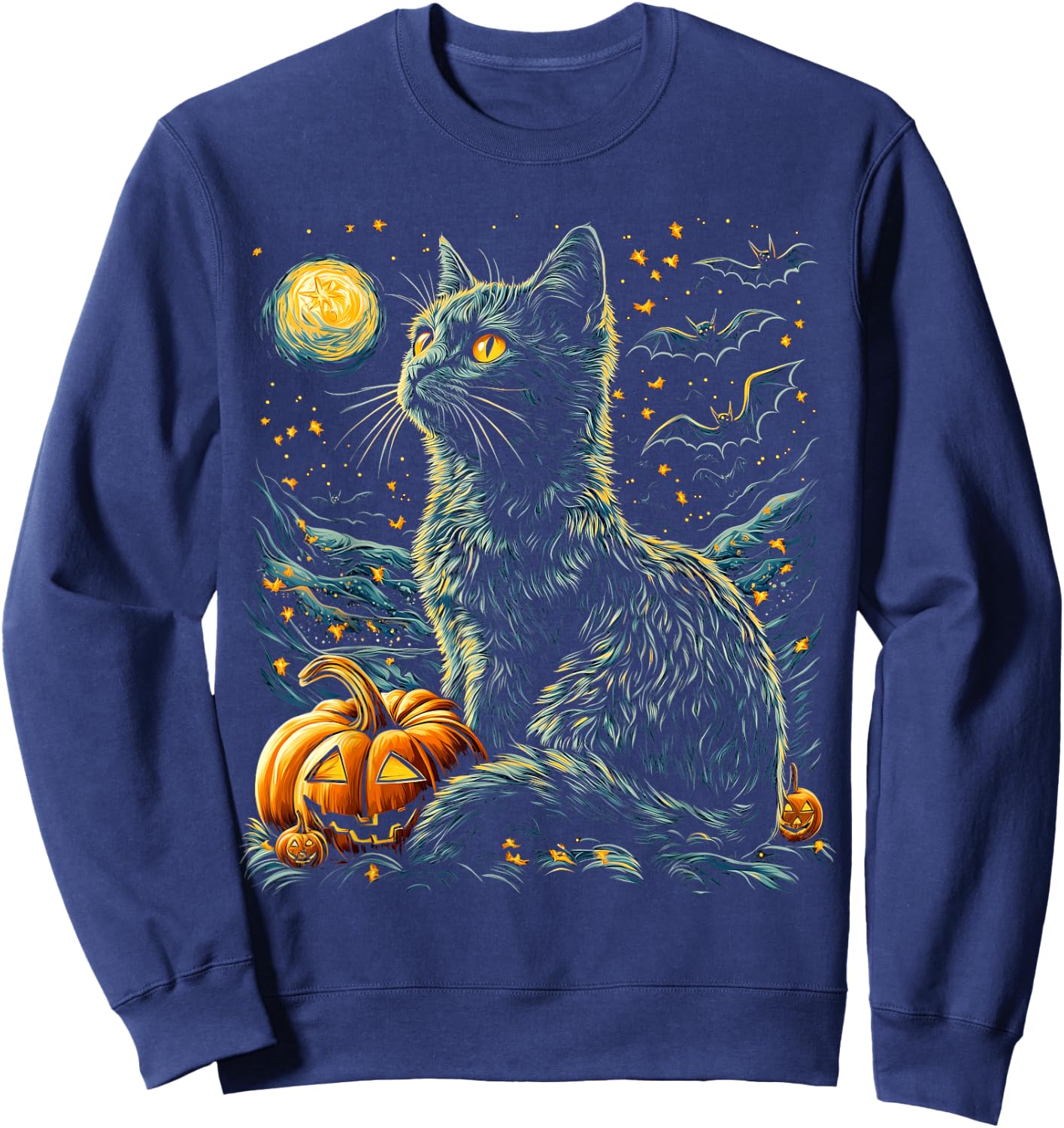 Halloween Van Gogh Starry Night Black Cat Pumpkins Bats Sweatshirt - Sweatshirt | Navy
