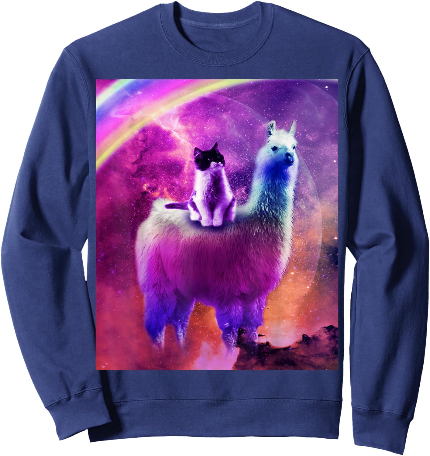 Kitty Cat Riding On Rainbow Llama In Space Sweatshirt - Sweatshirt | Navy