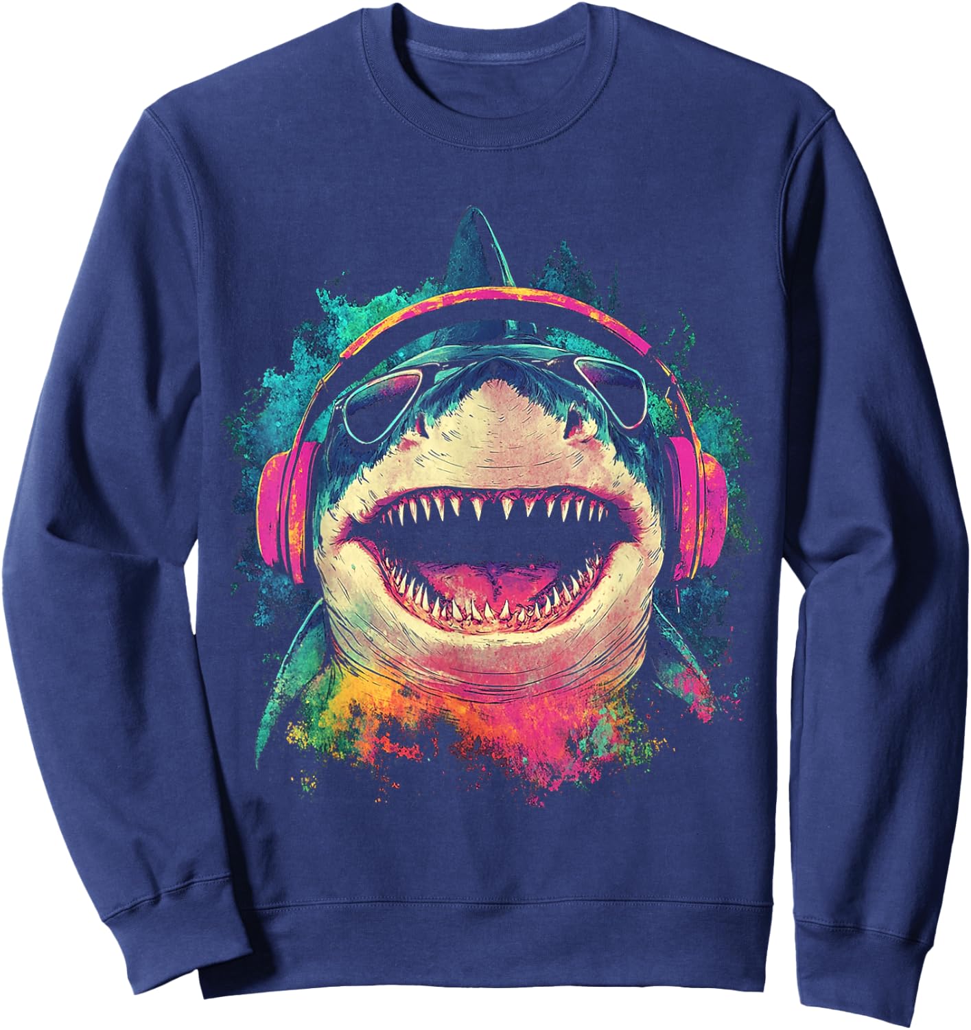 Shark Animal Graphic Music Headphone Art Shark Sweatshirt - Sweatshirt | Navy