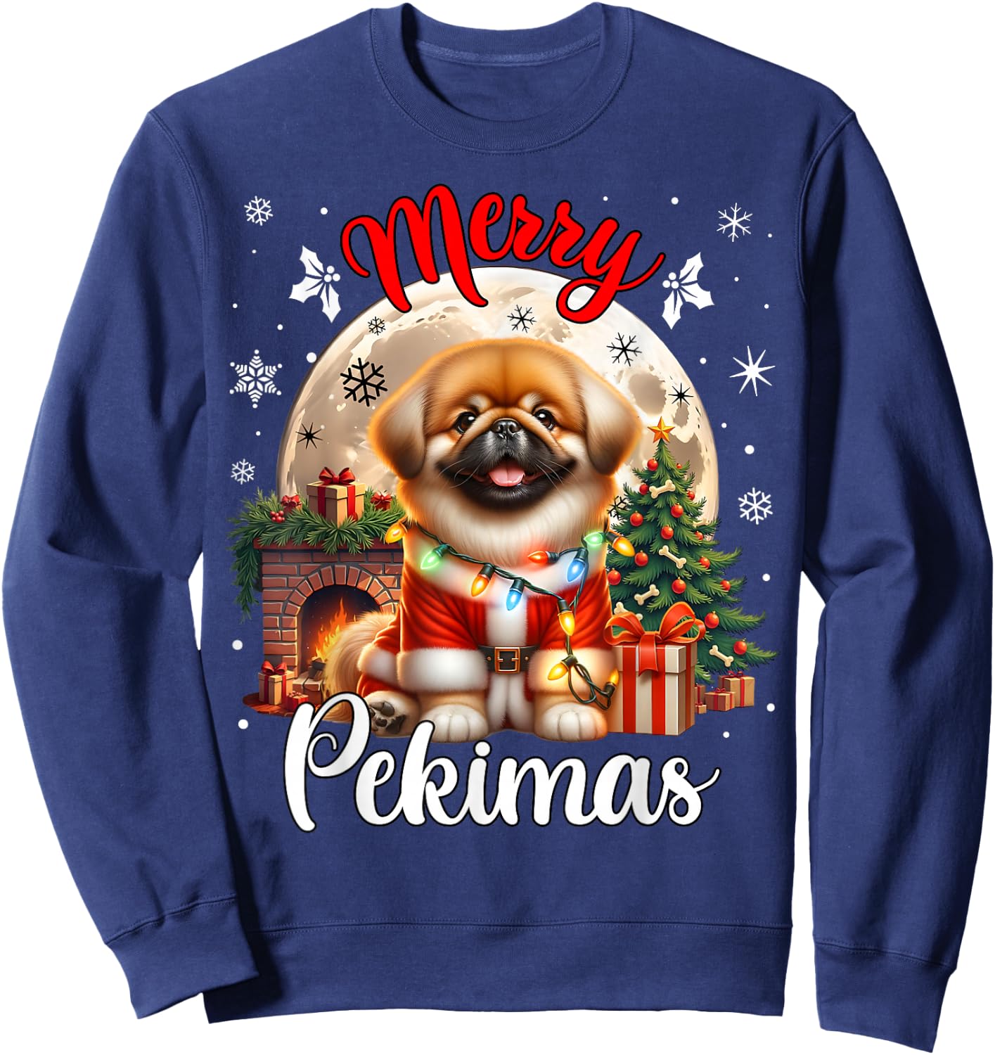 Merry Christmas Pekingese & Women -Adults Black Small Cartoon Humor Modern Round Collar Straight Short Sleeve Sweatshirt - Sweatshirt | Navy