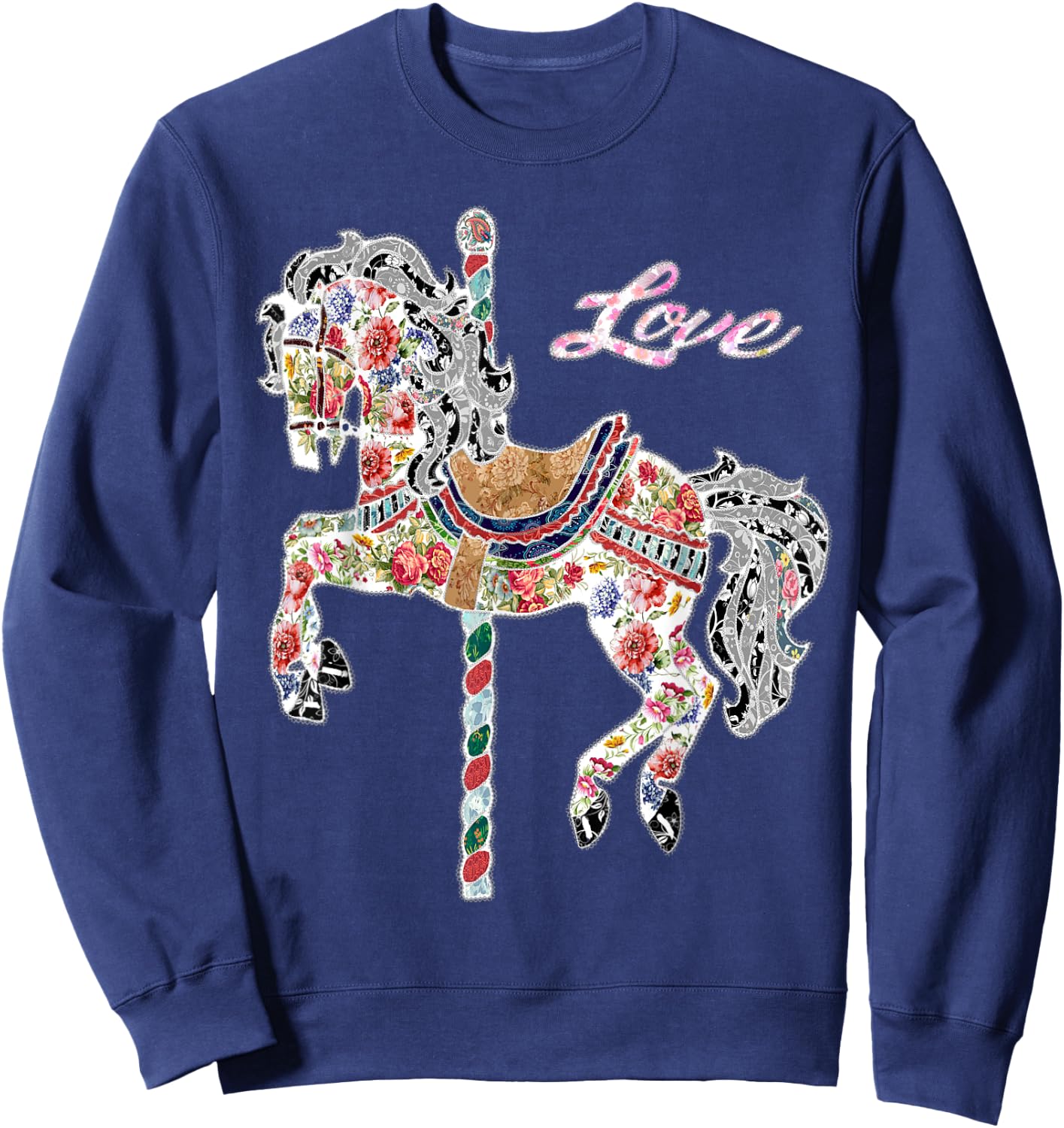 Carousel horse vintage illustration quilting style shirt. Sweatshirt - Sweatshirt | Navy