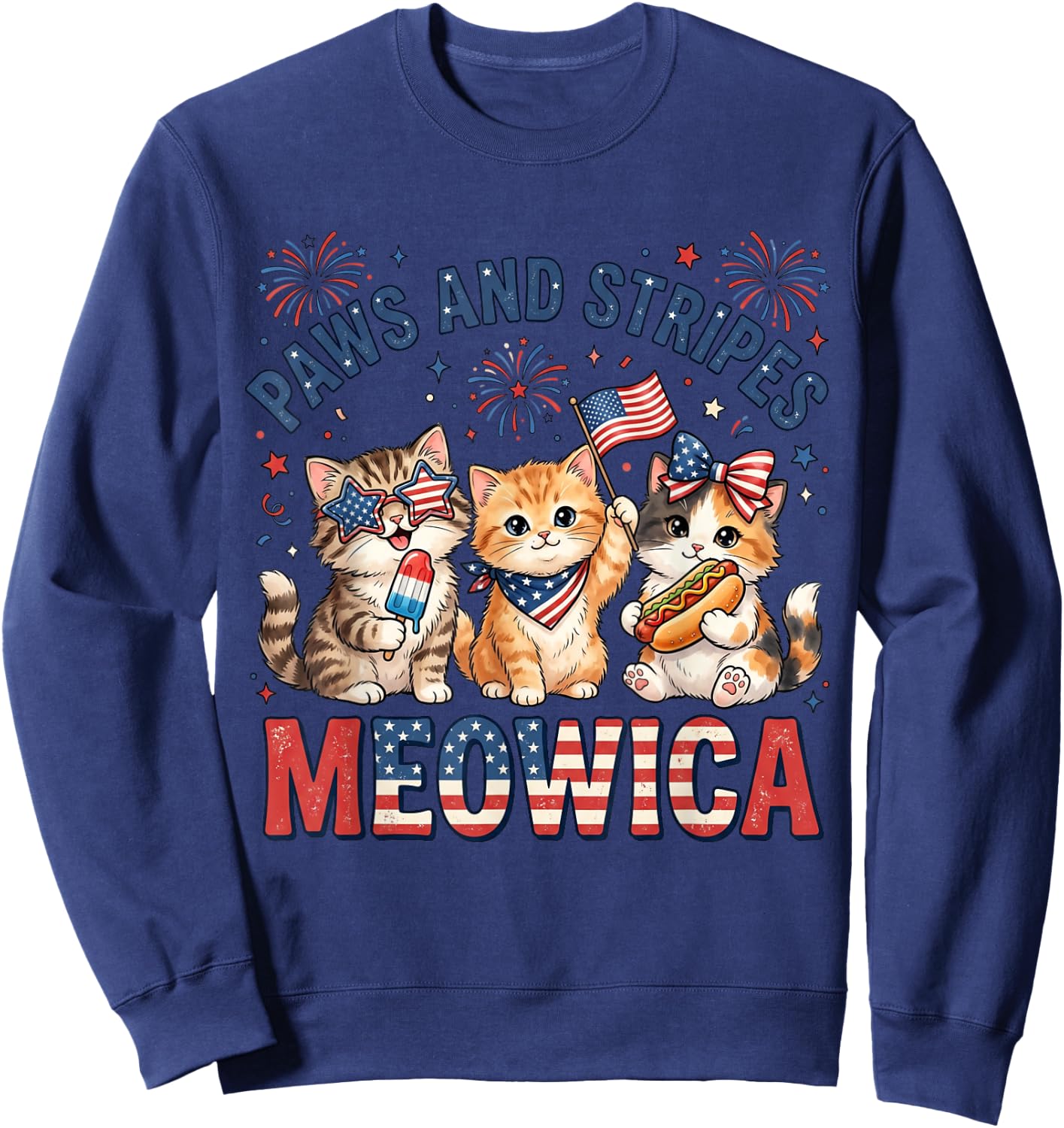 Paws and Stripes Meowica Patriotic Cat 4th of July Kitten Sweatshirt - Sweatshirt | Navy