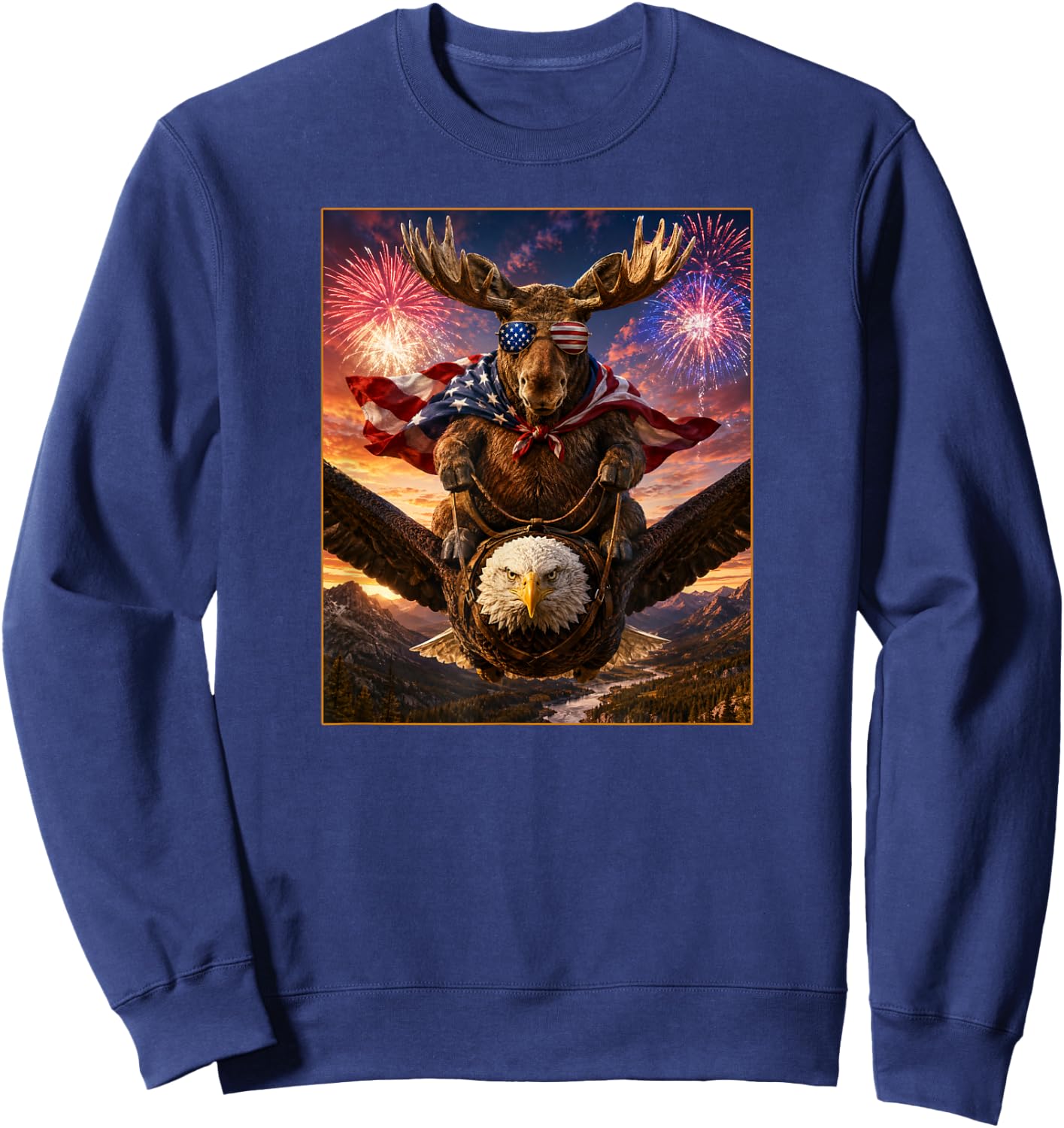 Moose on Bald Eagle American Flag Glasses USA Sweatshirt - Sweatshirt | Navy