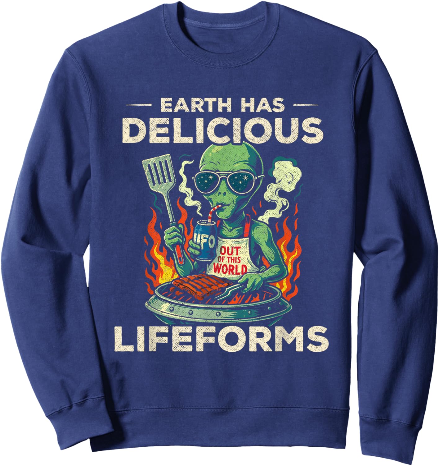 Funny Grilling UFO Spaceship BBQ Earth Lifeforms Funny Alien Sweatshirt - Sweatshirt | Navy