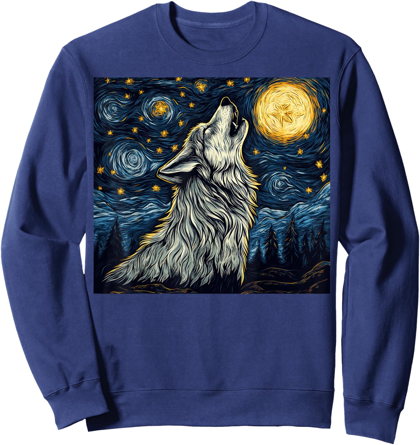 Wolf Starry Night Howling Moon Funny Van Gogh Graphic Sweatshirt - Sweatshirt | Navy