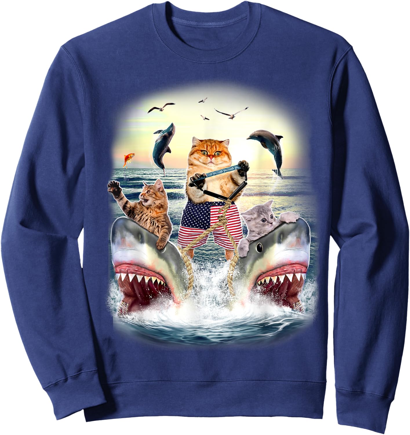 Cat Waterski With Sharks Sunset Sweatshirt - Sweatshirt | Navy