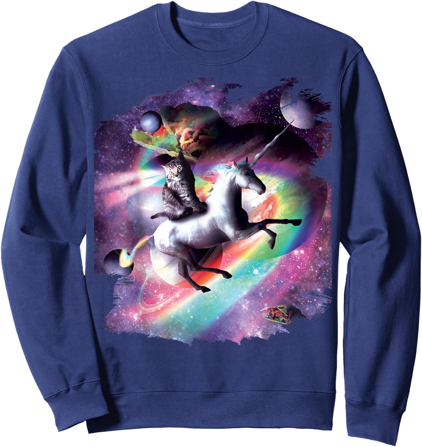 Space Cat Riding Unicorn - Laser, Tacos and Rainbow Sweatshirt - Sweatshirt | Navy