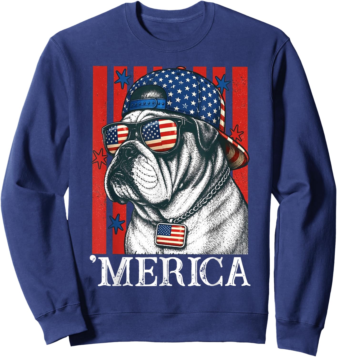 Merica Dog Patriotic English Bulldog American Flag Sweatshirt - Sweatshirt | Navy