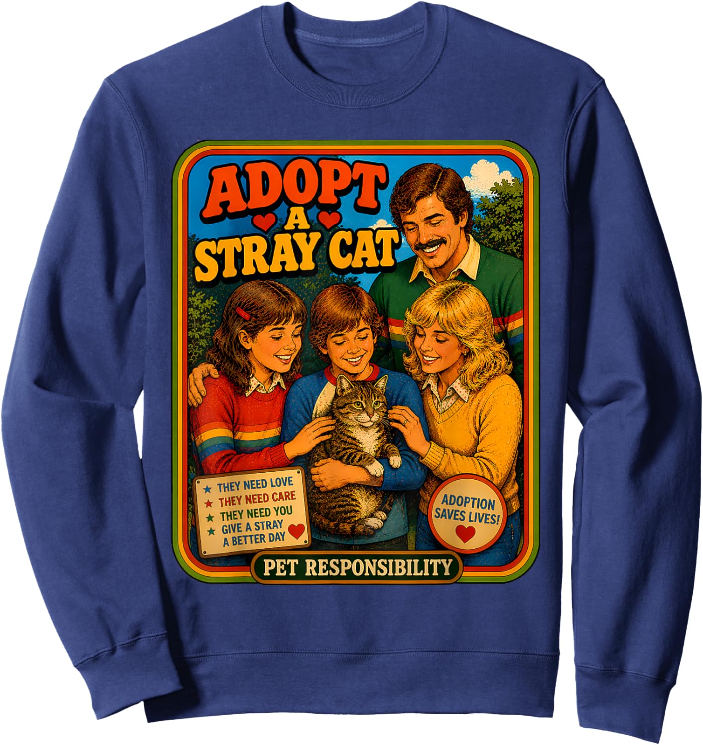 Adopt A Stray Cat Rescue Awareness Pet Adoption Retro 70s Sweatshirt - Sweatshirt | Navy