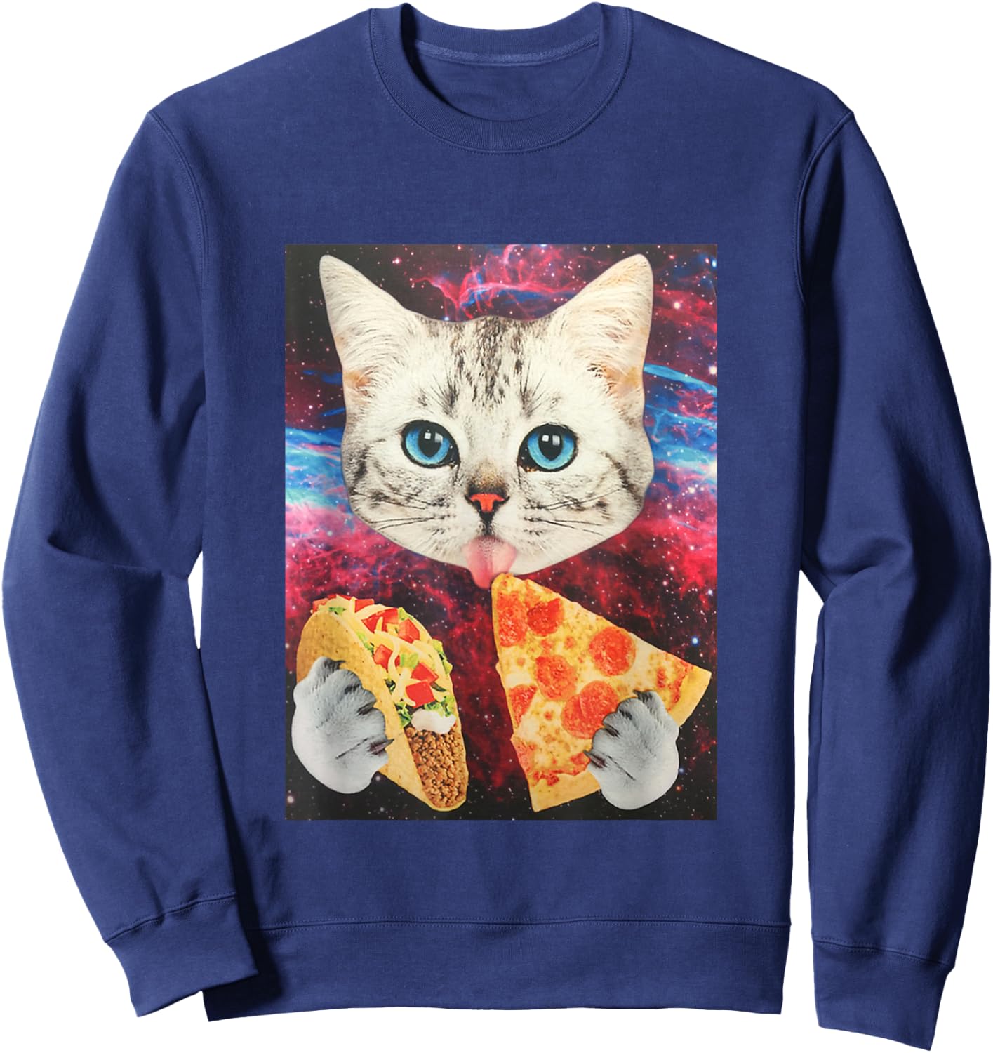 Funny Cute Outer Space Galaxy Cat Meme Pizza Taco Trippy Sweatshirt - Sweatshirt | Navy