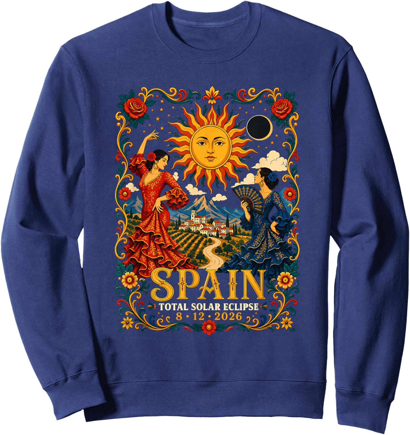 Spain Total Solar Eclipse 2026 August Flamenco Astronomy Art Sweatshirt - Sweatshirt | Navy
