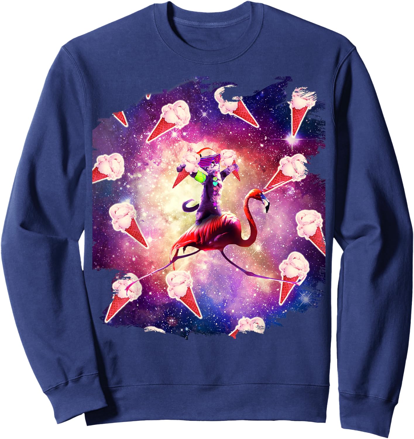 Rave Space Cat On Flamingo Unicorn - Ice Cream Women Kids Sweatshirt - Sweatshirt | Navy