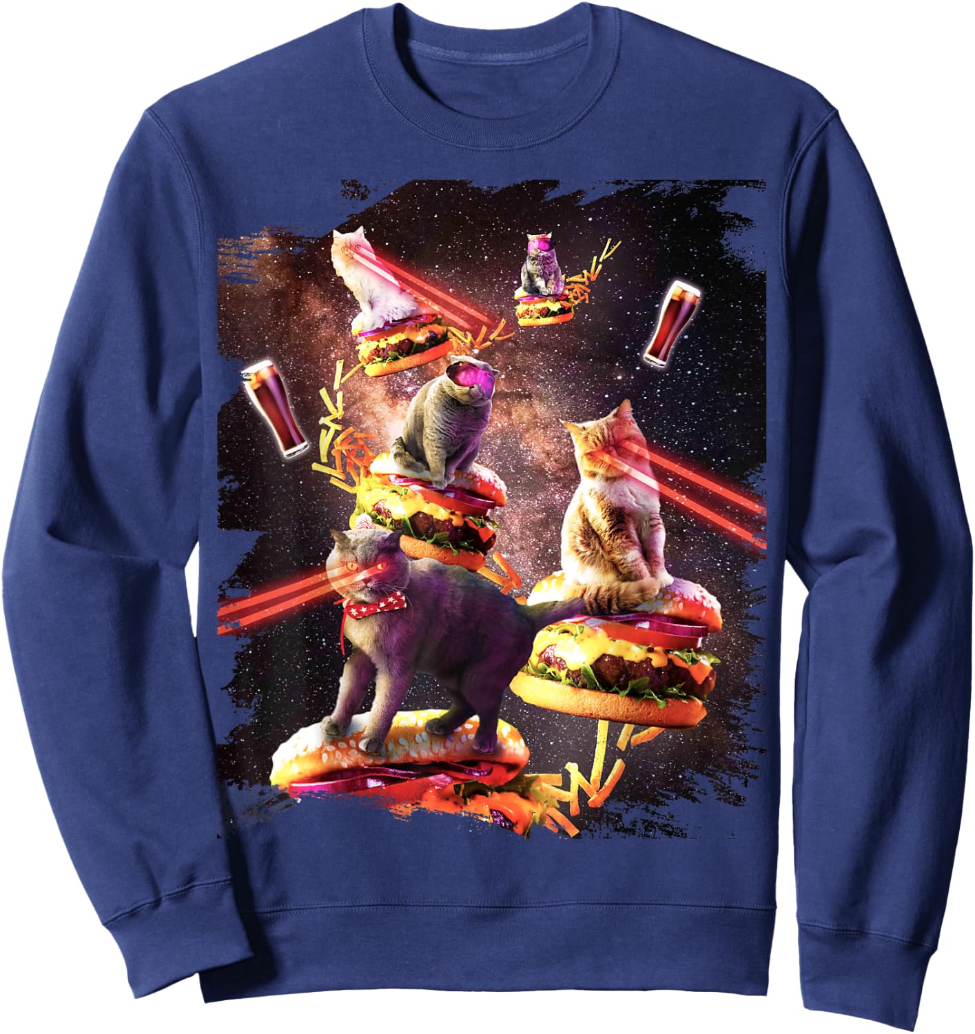 Galaxy Laser Cat On Burger - Space Cheeseburger Cats Sweatshirt - Sweatshirt | Navy