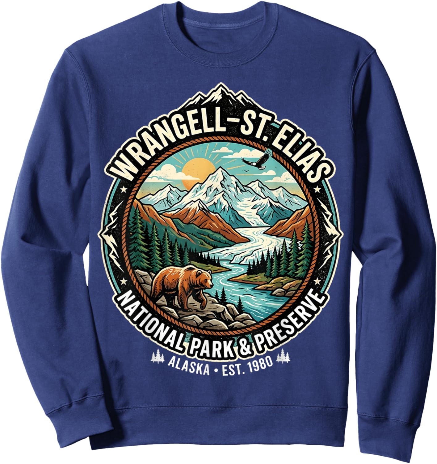 Wrangell-St Elias National Park Alaska Retro Grizzly Emblem Sweatshirt - Sweatshirt | Navy