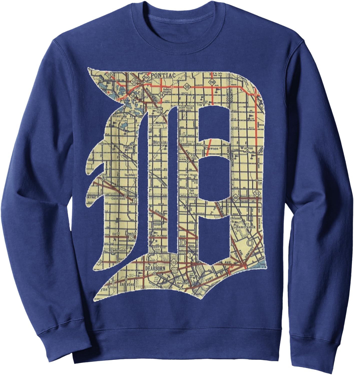 Detroit City Map Old English D Sweatshirt - Sweatshirt | Navy