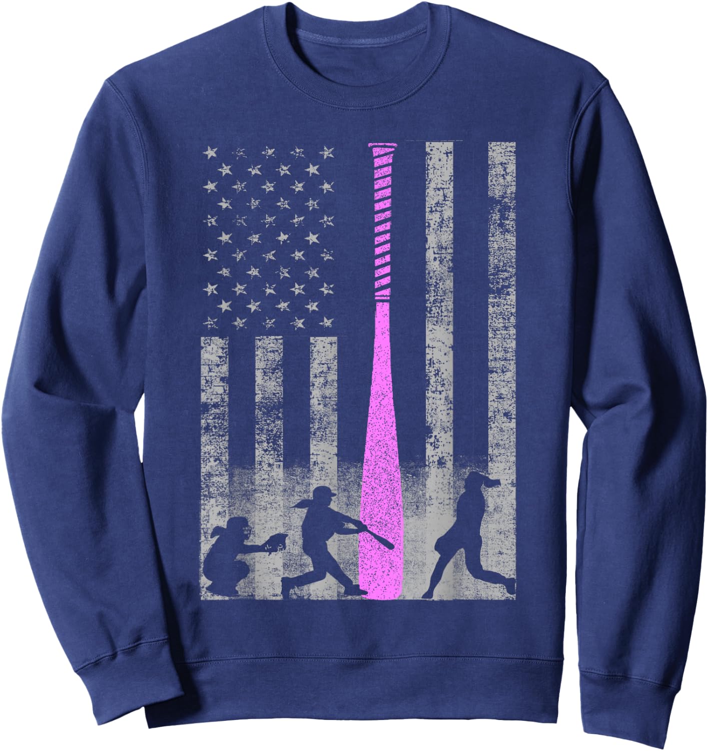 American Softball Flag - Players and Pink Bat Sweatshirt - Sweatshirt | Navy