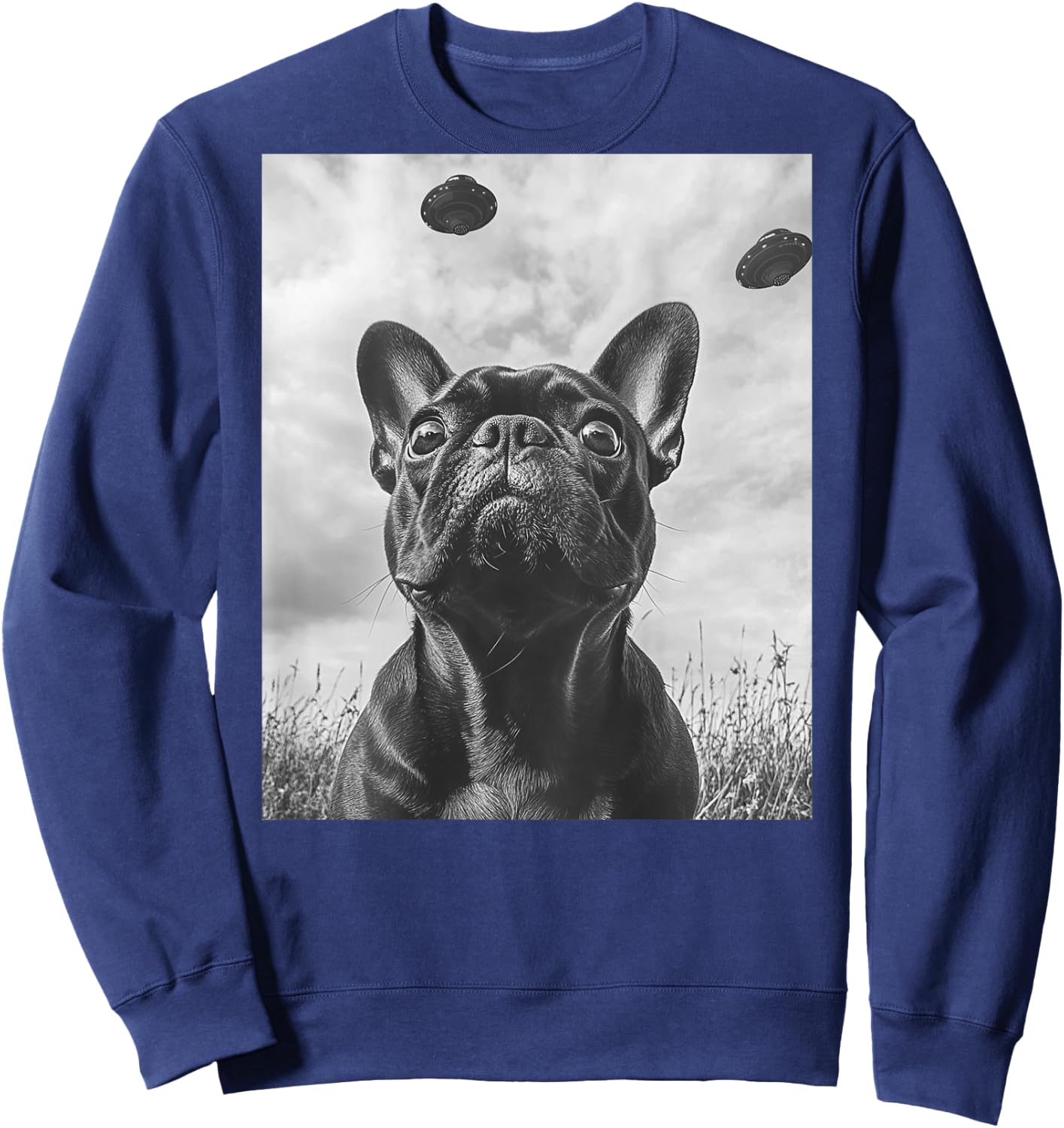 Funny graphic French Bulldog Frenchie UFO Alien Funny weird Women Kids Sweatshirt - Sweatshirt | Navy