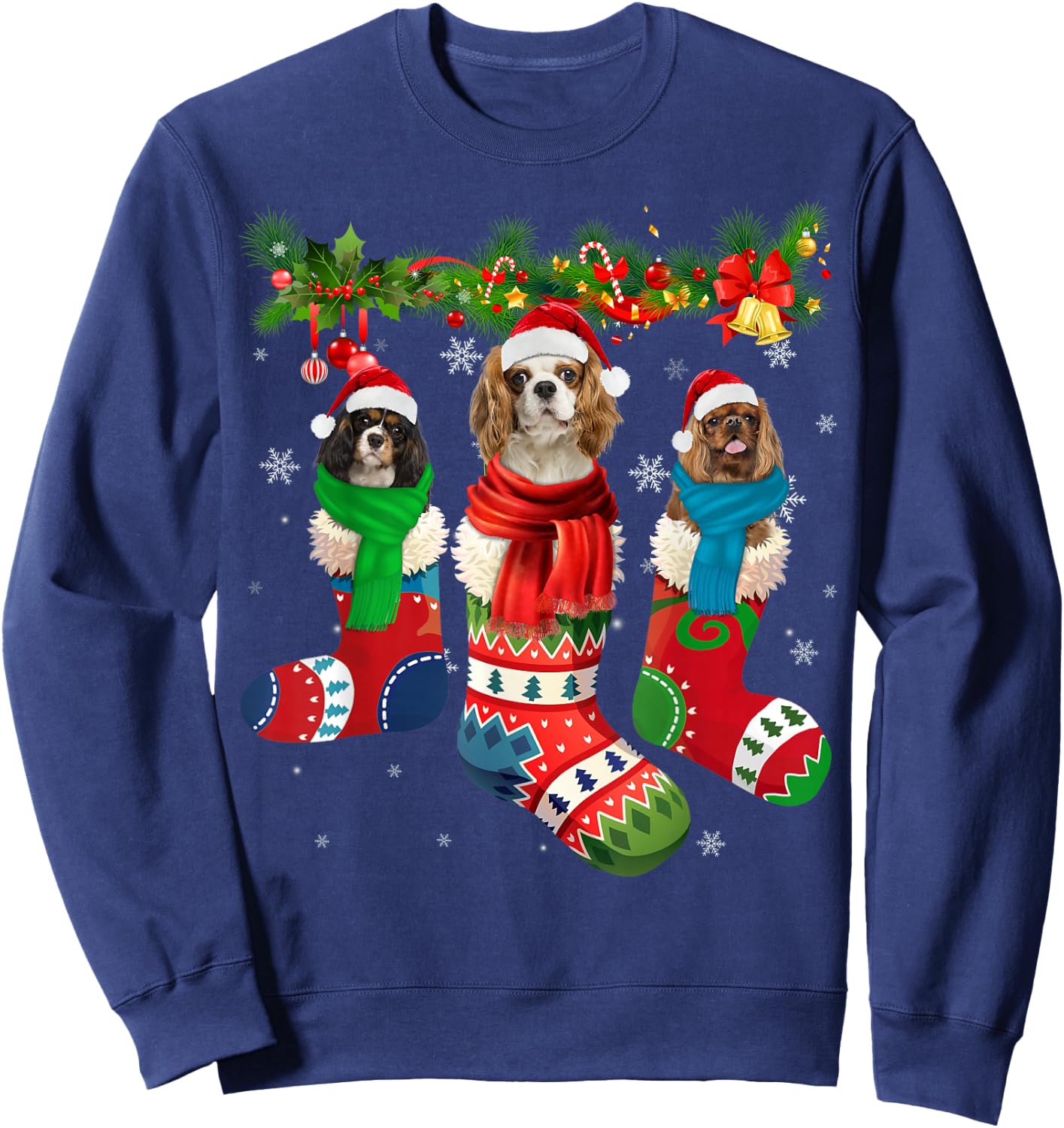 Three Cavalier King Charles Spaniel In Christmas Sock Sweatshirt - Sweatshirt | Navy