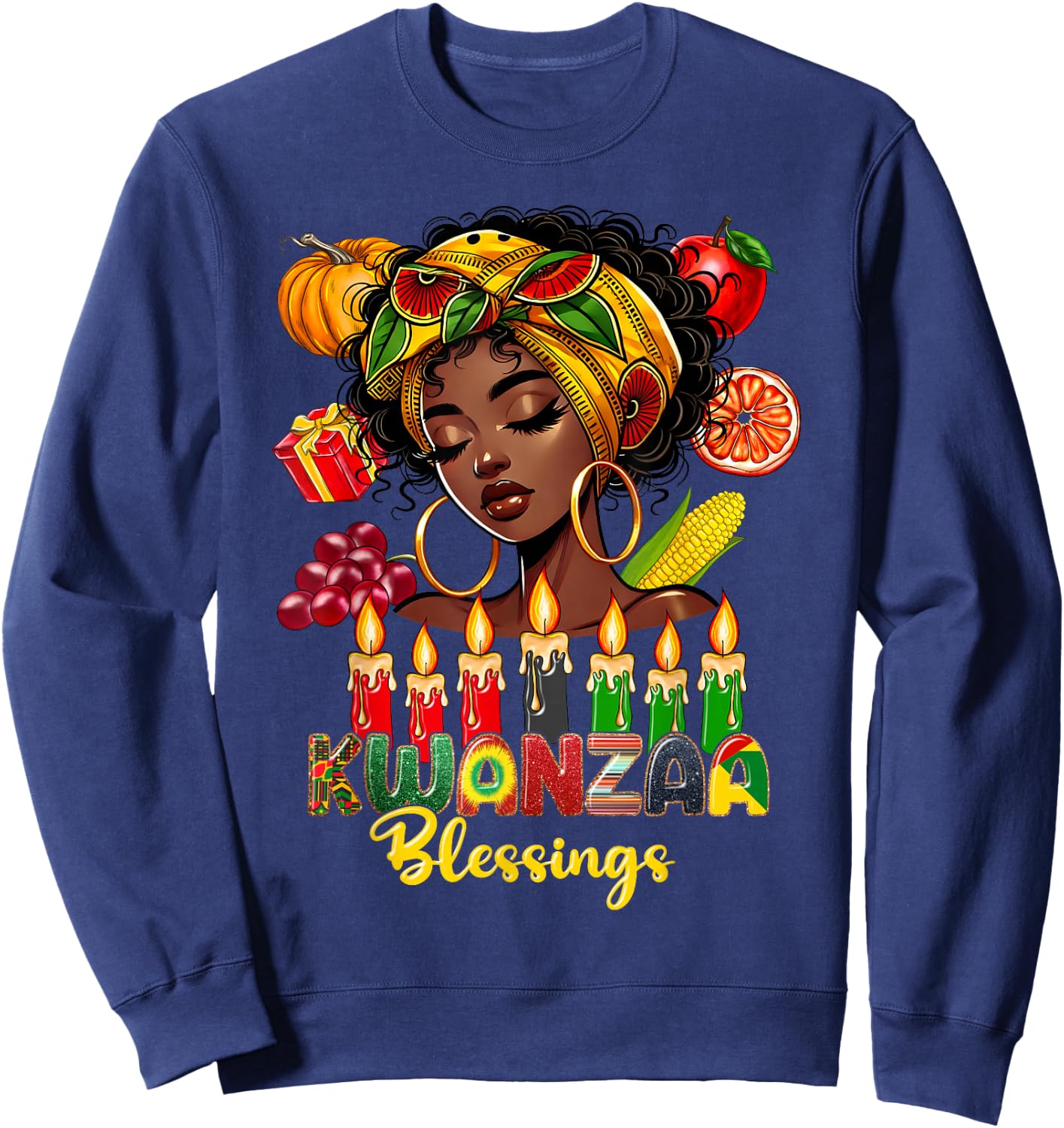 Kwanzaa Blessings Afro American Celebration Black Woman Sweatshirt - Sweatshirt | Navy