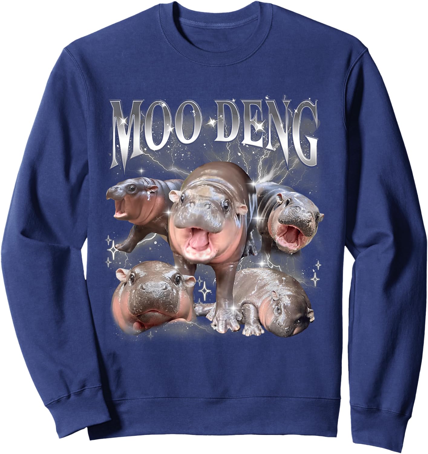 Funny Vintage Moo-deng the Famous Baby Pigmy Hippo Moodeng Sweatshirt - Sweatshirt | Navy