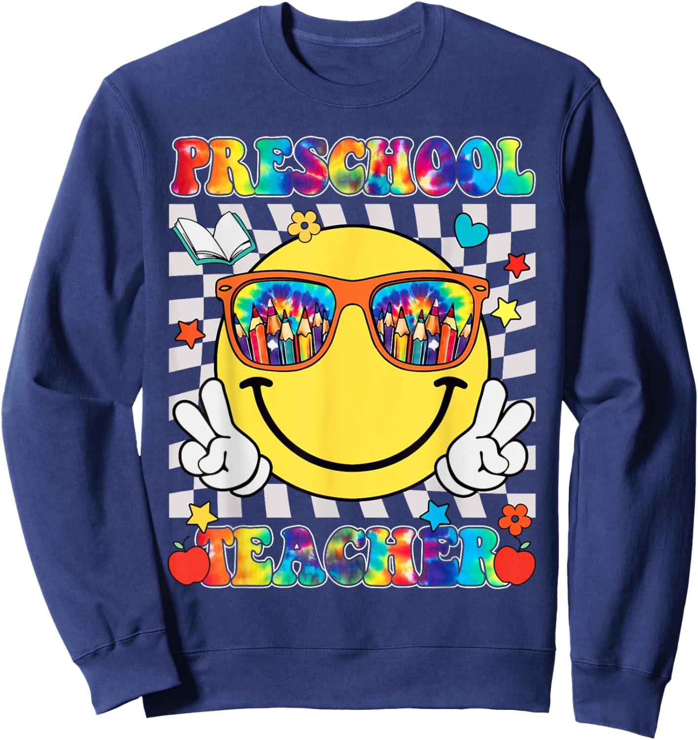 Preschool Teacher Smile Face Tie Dye Back To School Sweatshirt - Sweatshirt | Navy
