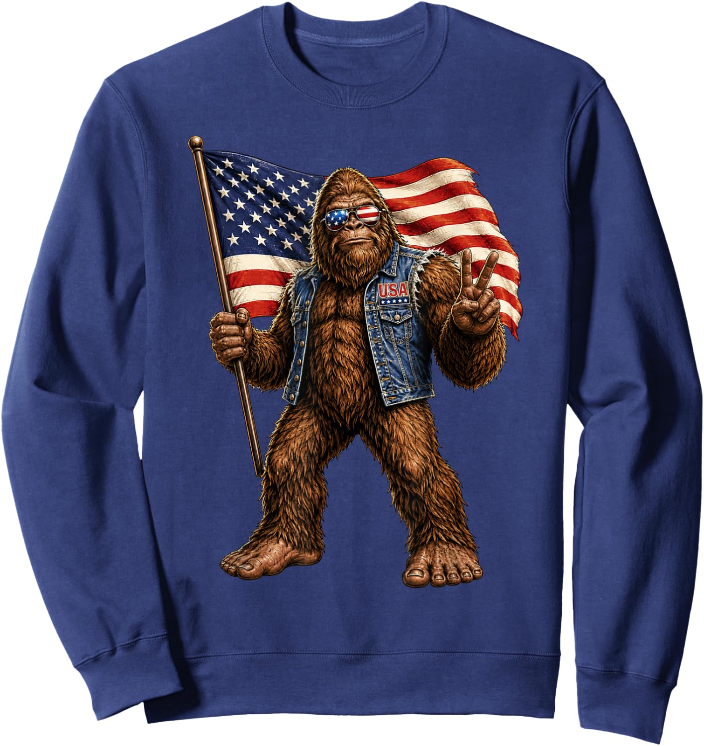 Bigfoot American Flag Sasquatch USA Patriotic Peace Sign Sweatshirt - Sweatshirt | Navy