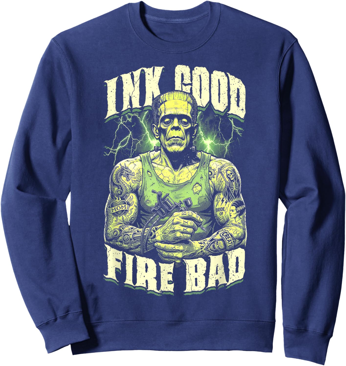 Frankenstein Tattoo Ink Good Fire Bad Halloween Monster Sweatshirt - Sweatshirt | Navy
