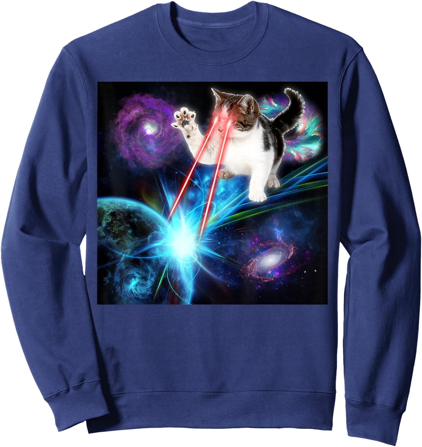 Funny Laser Cat Cute Space Cat Laser Eyes Kitten Sweatshirt - Sweatshirt | Navy